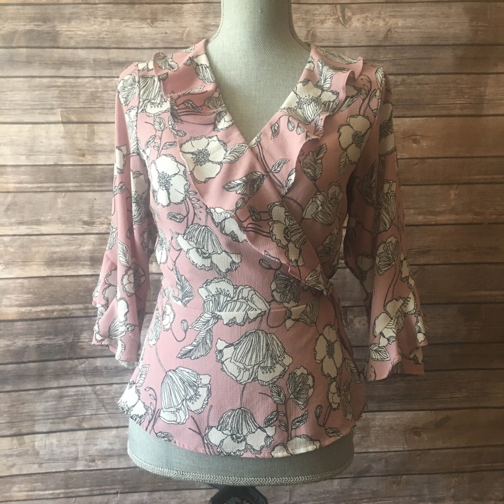 Pink Floral Wrap Blouse